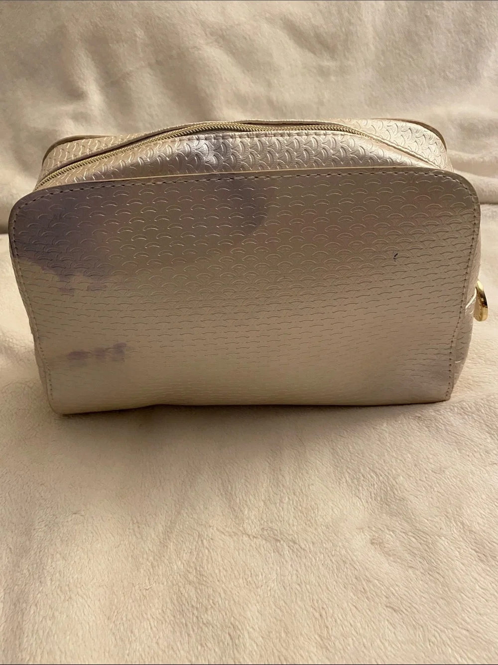 BVLGARI Pearl White Textured Cosmetic Pouch with Gold Plate